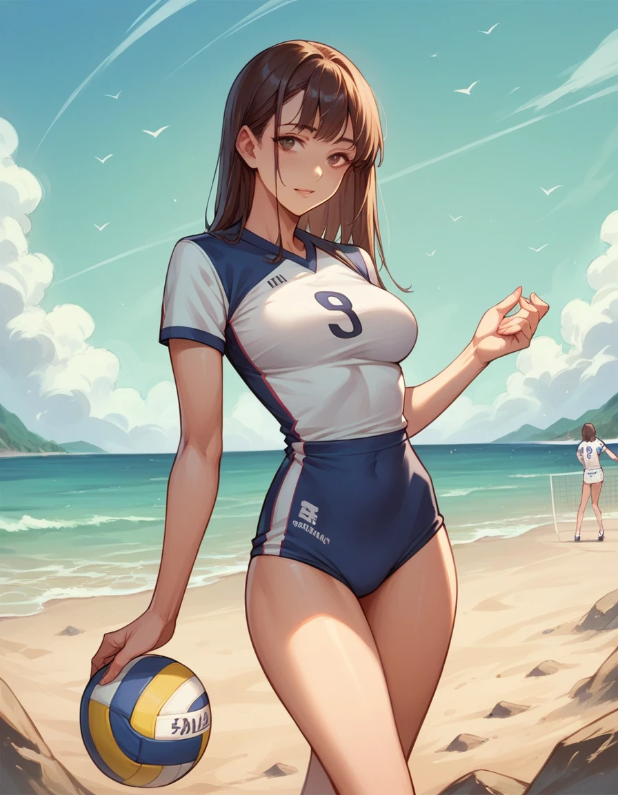 Beautiful asian woman, big , brunette, volleyball uniform, sexy, standing in the sand, anime style