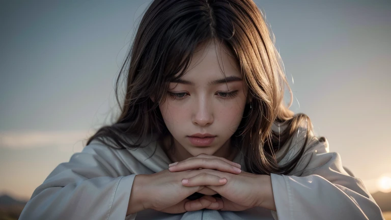"Create a high-definition image of Jesus Christ in a time of deep prayer. Jesus must be portrayed with a calm and focused look, with hands together in a gesture of prayer. He must be dressed in traditional tunics of the time, with a light-colored cloak that highlights your spiritual presence. The scene should take place in a peaceful natural environment, maybe a hill with a sky at dawn or dusk, providing a soft light that illuminates your face. The background should be subtle and peaceful, with details that evoke a feeling of calm and spirituality."
This prompt should help generate an image that captures the essence of a moment of prayer in a respectful and visually impactful way..