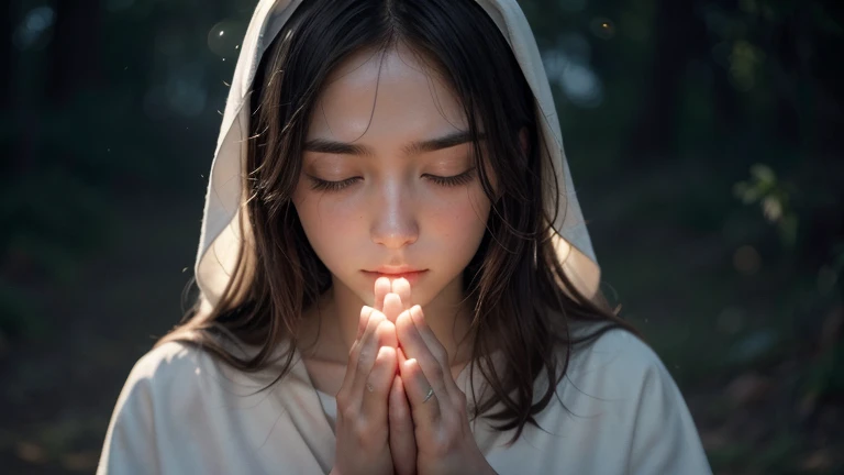 "Create a high-definition image of Jesus Christ in a time of deep prayer. Jesus must be portrayed with a calm and focused look, with hands together in a gesture of prayer. He must be dressed in traditional tunics of the time, with a light-colored cloak that highlights your spiritual presence. The scene should take place in a peaceful natural environment, maybe a hill with a sky at dawn or dusk, providing a soft light that illuminates your face. The background should be subtle and peaceful, with details that evoke a feeling of calm and spirituality."

This prompt should help generate an image that captures the essence of a moment of prayer in a respectful and visually impactful way..
