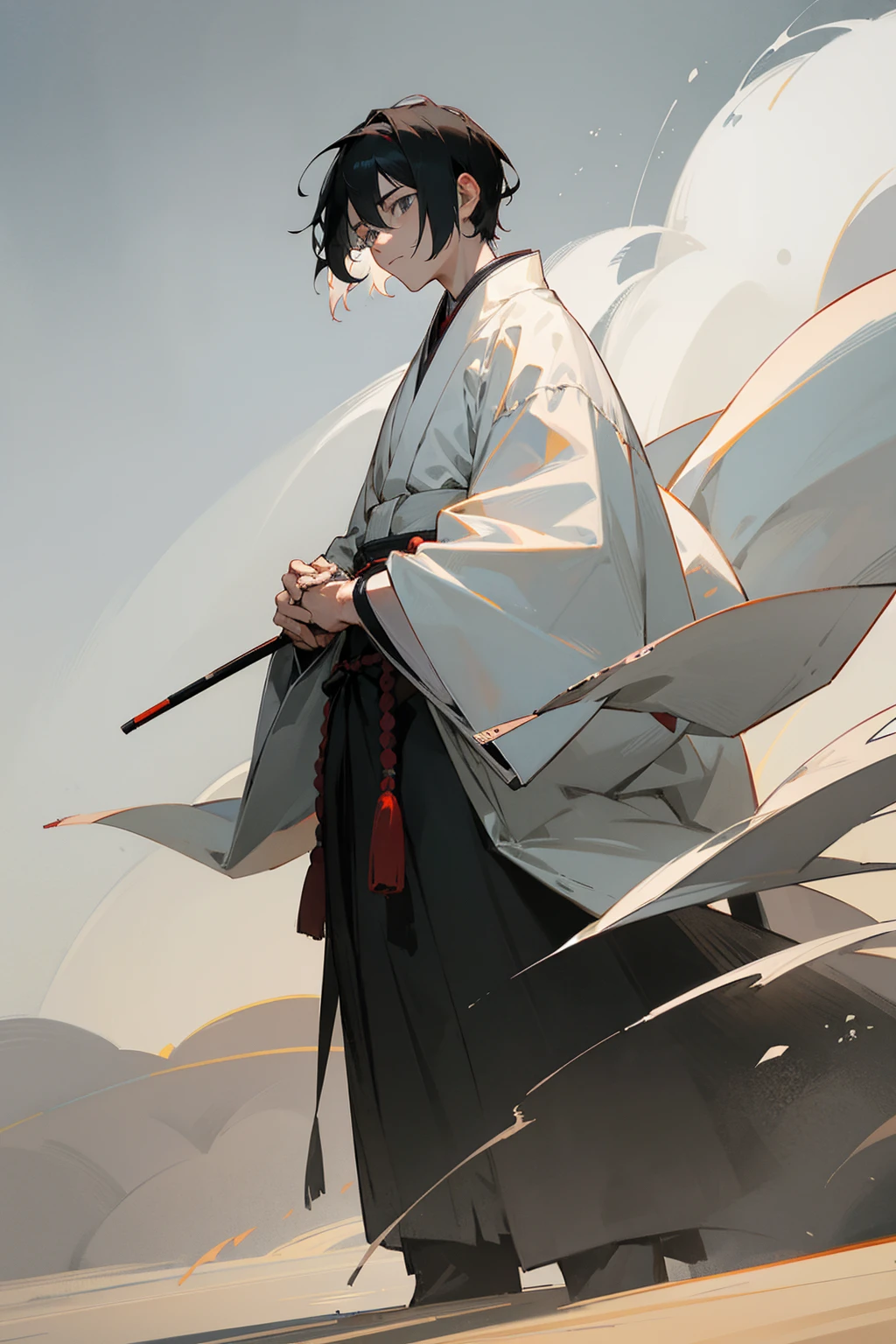 1male, black hair, white hair, grey eyes, calm expression, black yukata and white accents, japanese battlefield background, hands to side, detailed face, standing on path, detailed background
