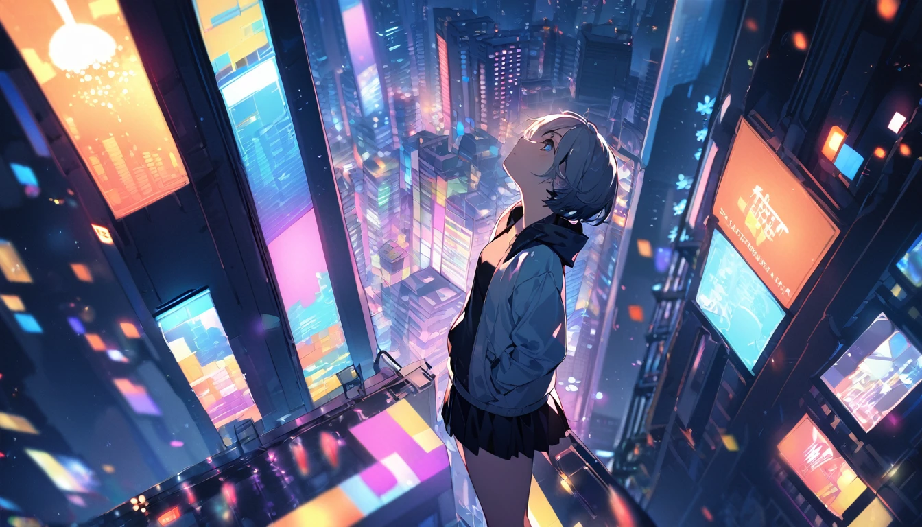 1 girl with short hair, wearing a light jacket and short skirt, standing on top of a building, hands in pockets, looking up at the sky, dark city night, ((with colorful city lights)) (the city background is a bit blurry), night (( HD desktop wallpapers ),