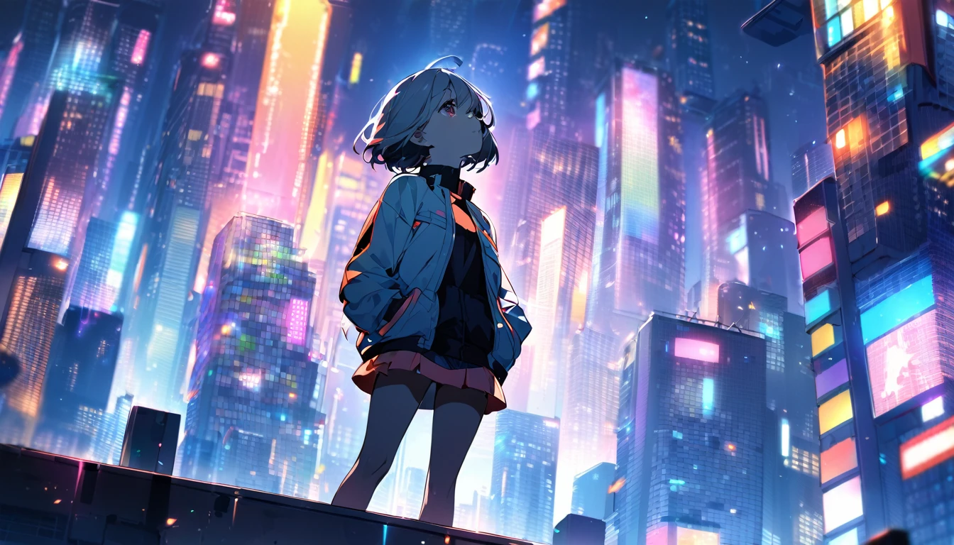 1 girl with short hair, wearing a light jacket and short skirt, standing on top of a building, hands in pockets, looking up at the sky, dark city night, ((with colorful city lights)) (the city background is a bit blurry), night (( HD desktop wallpapers ),