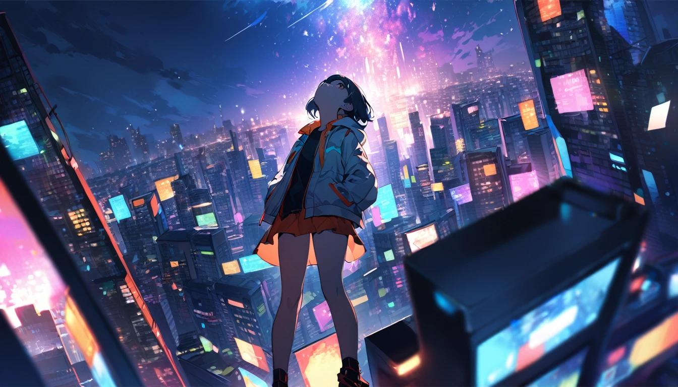1 girl with short hair, wearing a light jacket and short skirt, standing on top of a building, hands in pockets, looking up at the sky, dark city night, ((with colorful city lights)) (the city background is a bit blurry), night (( HD desktop wallpapers ),