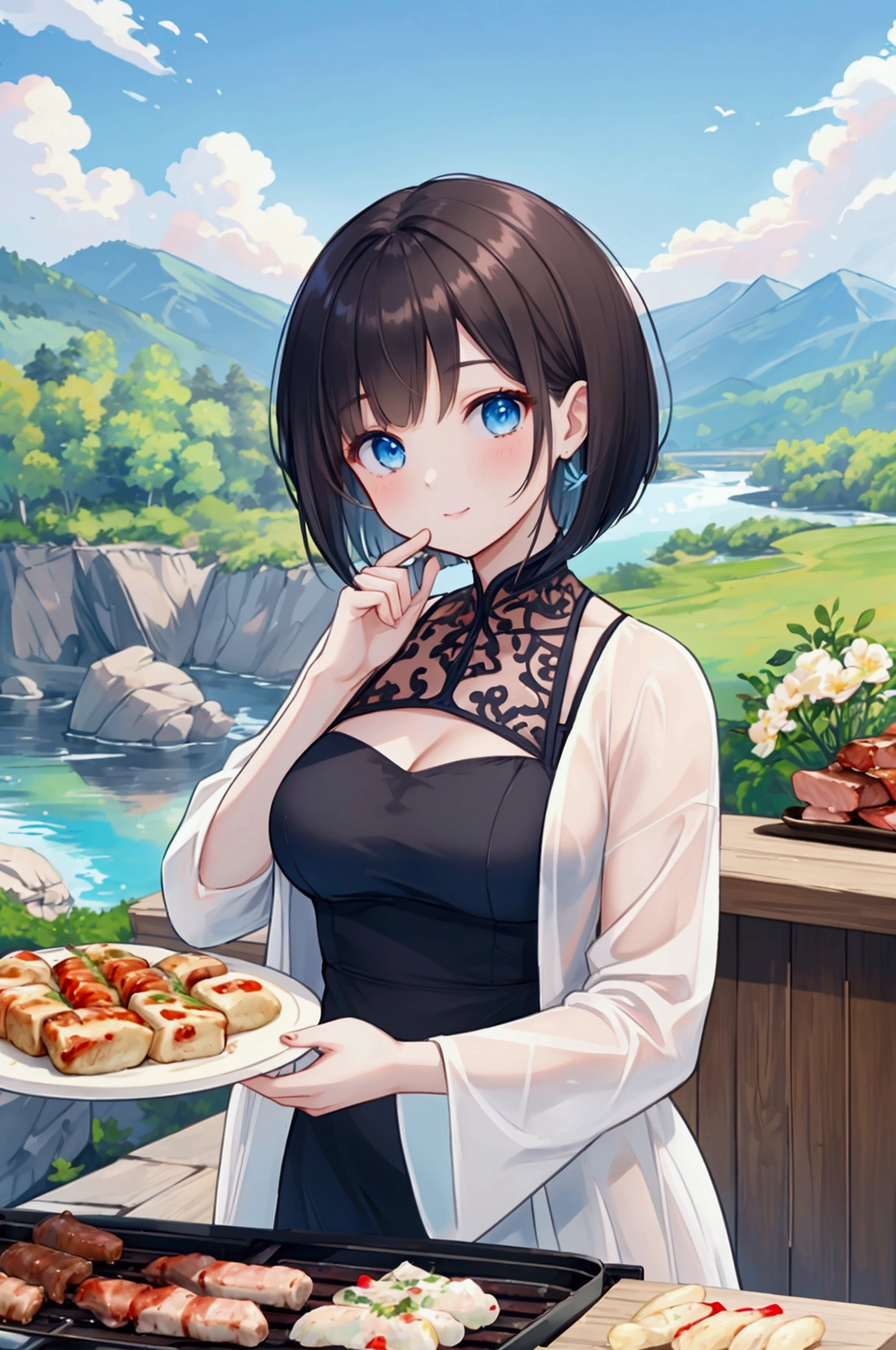 Photorealistic、Highest quality、Highest Resolution、Highest quality、８Ｋ、A beautiful woman enjoying a BBQ、Cute face、Bob cut hair、Dark Hair Color、Pale blue eyes、Beautiful breasts、Casual clothing、barbecue、river、Mountain、
