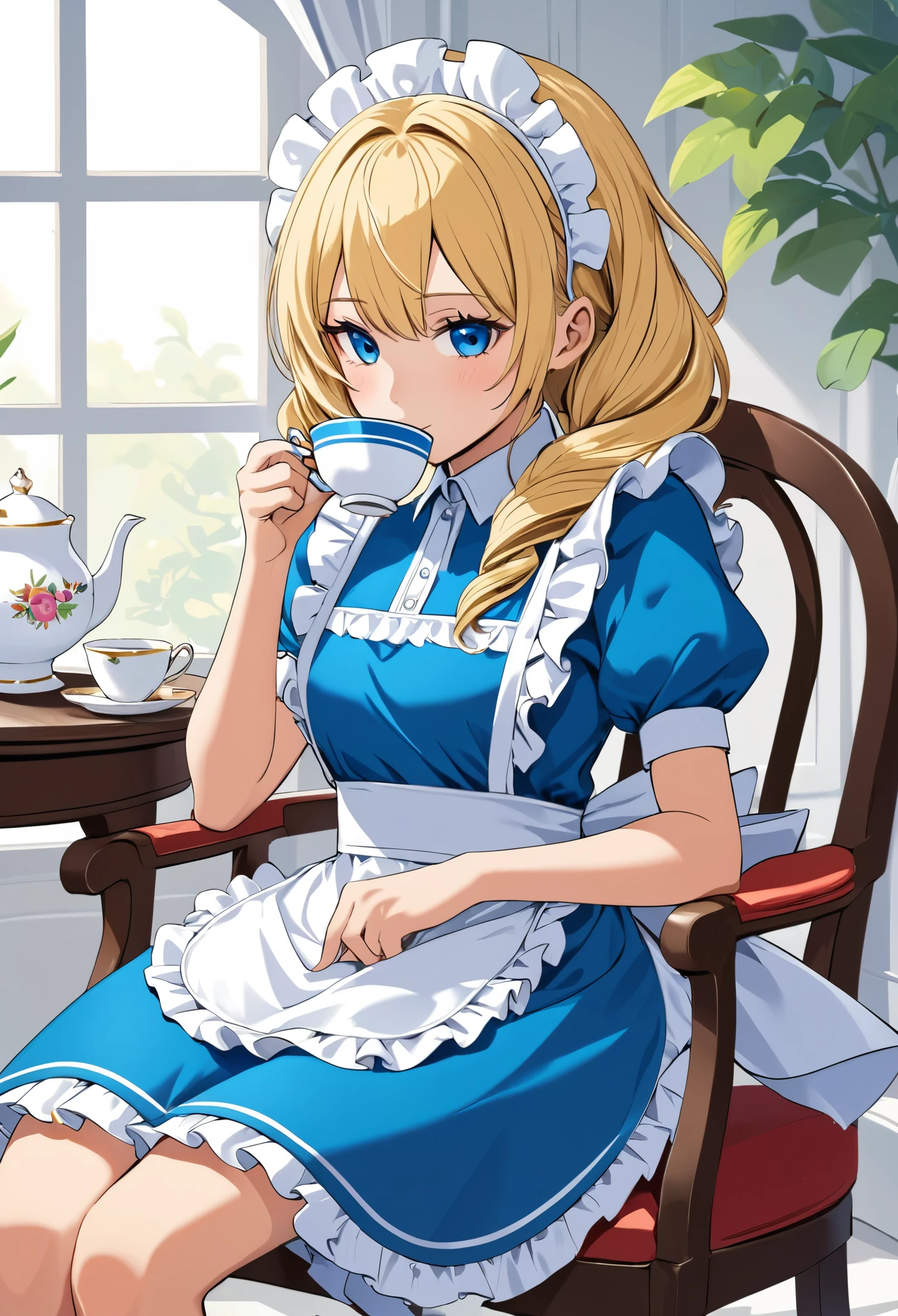Maid girl drinking tea, During a break, blonde, vertical curls hairstyle, Blue costume with white frilly apron, Teacup, tea saucer, sitting on a chair and taking a rest