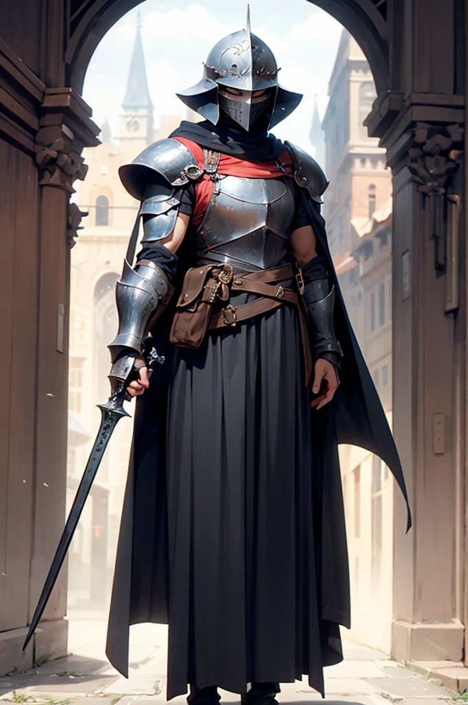(masterpiece; best quality: 1.2), ((knight man)), ((solo)), (black eyes: 1.4), (body; toned, lean, masculine: 1.3), (beautiful and clear background: 1.2), ((depth of field)), (equipment: medieval crusader armor + closed helmet + black cloak + dark surcoat with cross : 1.3), (anime illustration: 1.2), (background composition; garden + furniture: 1.1), (extremely fine and handsome: 1.1), (shot composition; standing + centered on torso + close-up: 1.5)