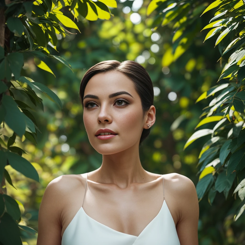 a low angle shot of a beautiful woman in a garden, detailed face and eyes, long eyelashes, elegant dress, sunlight streaming through the trees, lush foliage, vibrant colors, cinematic lighting, photorealistic, high quality, detailed, masterpiece