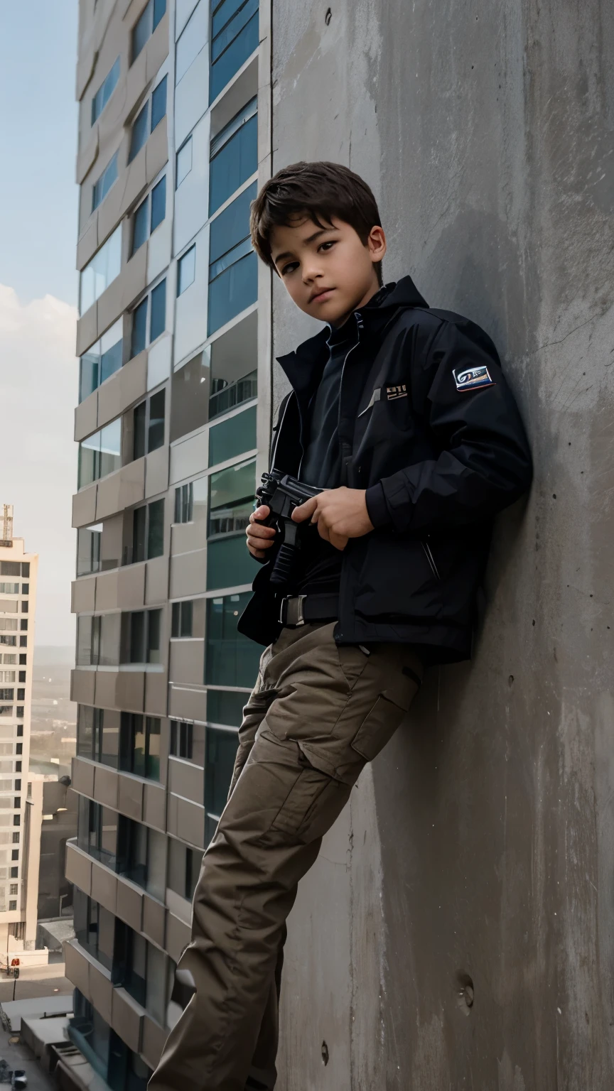 A boy holding a gun at the top of building 