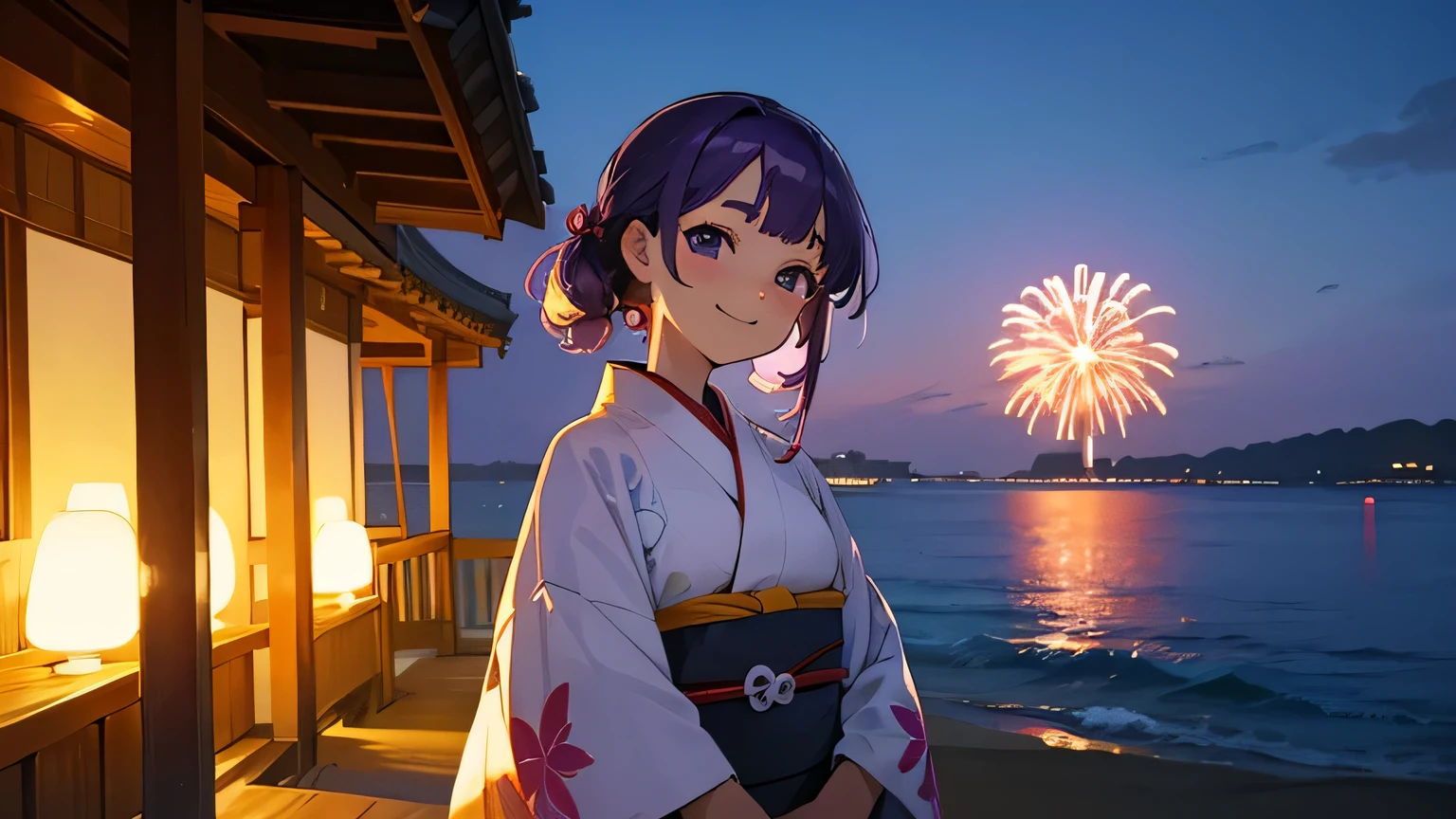 summer, okinawa,beach front house, kimono, purple hair, smile, japanese girl, fireworks