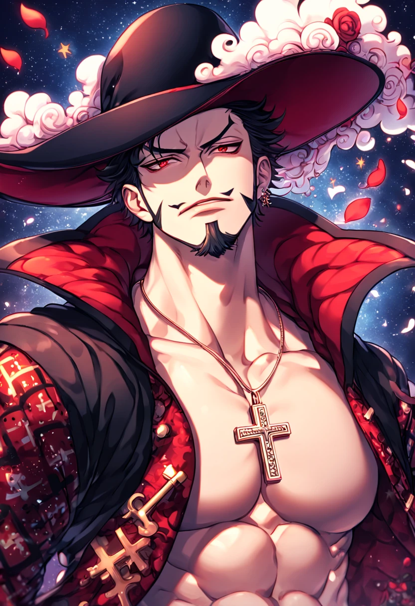 absurdres, highres, ultra detailed, HDR, master piece, best quality, extremely detailed, Dracule Mihawk, black hair, expressive red eyes, One Piece, solo, sexy man, handsome, wide-brimmed black hat decorated with a large plume, open black coat with a red velvet inside, without shirt, red flower-patterned sleeves, close up, cross necklace, solo, sexy man, handsome, cross, red butterflies, petals, magical, red roses, fantasy, red water, starry sky