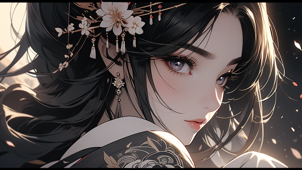 beautiful geisha girl, sakura blossoms, fujii mountain, moonlight, white and black blood color palette, sumi-e ink effects, detailed face, detailed eyes, detailed lips, long eyelashes, detailed ornaments, elegant kimono, graceful pose, cinematic lighting, highly detailed, 4k, photorealistic, masterpiece, красивые выразительные глаза