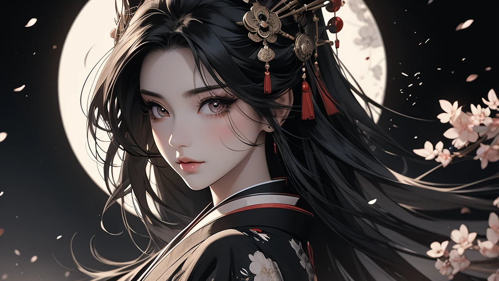 beautiful geisha girl, sakura blossoms, fujii mountain, moonlight, white and black blood color palette, sumi-e ink effects, detailed face, detailed eyes, detailed lips, long eyelashes, detailed ornaments, elegant kimono, graceful pose, cinematic lighting, highly detailed, 4k, photorealistic, masterpiece, красивые выразительные глаза