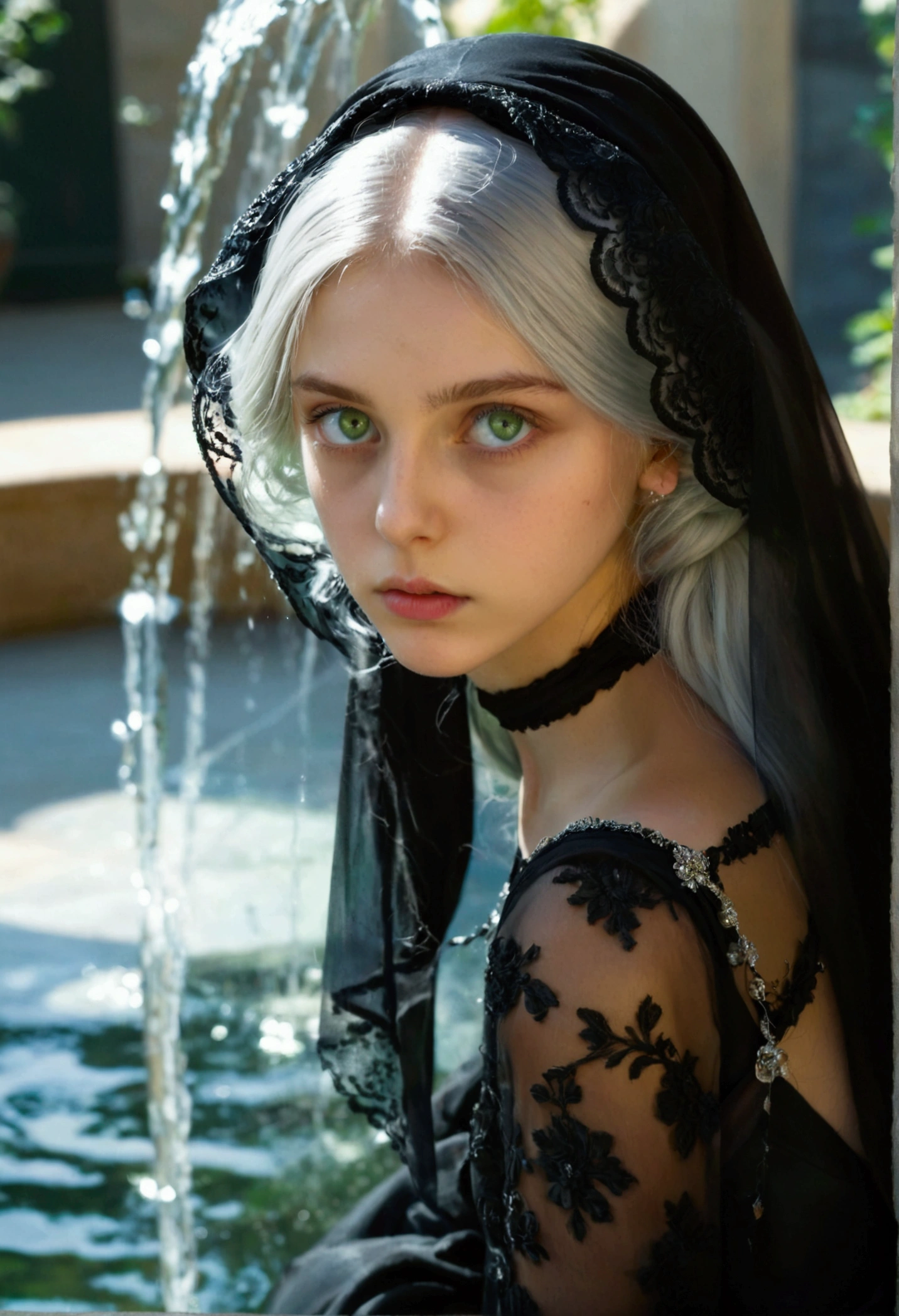 A girl, sitting next to a water fountain, looking at her reflection, she has big green eyes and porcelain skin so clear it was almost translucent, long silver-colored hair, she wears a black dress from the year 1500, a black veil on her head covered her face,has a melancholy expression.