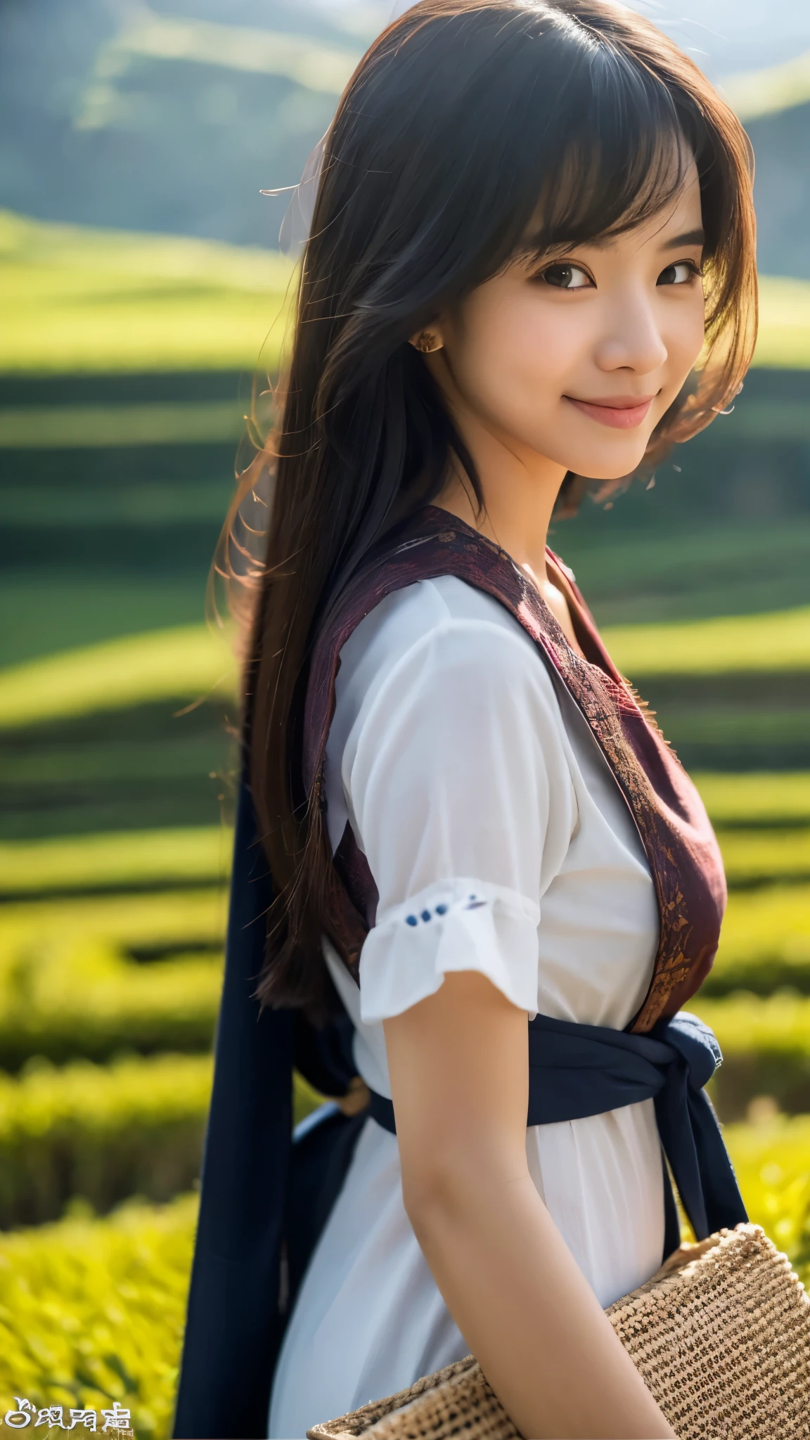 A beautiful Indonesian woman, wearing traditional Javanese clothes, with long black hair, a gorgeous symmetrical face, and a slim body, walks while carrying a woven bag filled with vegetables. The scene is set against a backdrop of rice fields and mountains, with morning sunlight illuminating the scene. The composition follows the Rule of Thirds, capturing a side shot that highlights the woman's detailed face, eyes, and fingers. The shot is taken from an eye-level viewpoint, showcasing a light smile. The natural morning light enhances the serene and peaceful atmosphere. The style is photorealistic, rendered with the Unreal Engine, and the medium is ultra HD 8k resolution photography.