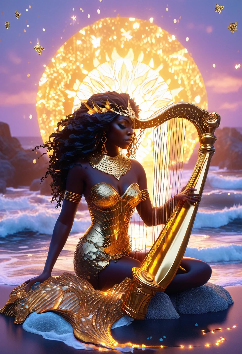 A golden outline shaped in image of a black woman mermaid playing a glowing golden harp, with gold dots designing the glowing mermaid scales and harp, flowing long hair made of twinkling stars, she's sitting at the ocean shore surrounded by glittering seashells and coral reefs, sunrise in the background colliding with the ocean wave, beautiful and cinematic art piece crafted using cutting-edge 3D modeling, Octane rendering, V-Ray, and Unreal Engine, evoking an otherworldly, cinematic atmosphere.