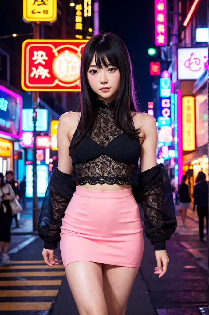 With the hustle and bustle of the city at night as a backdrop、Portrait of a beautiful Japanese girl illuminated by red neon light。She is thin、Wearing a sexy lace top and skirt、Standing in a bold pose with her shoulders exposed。Colorful neon signs and street lights shine in the background.、It emphasizes the contemporary urban atmosphere。
**Characteristics of a beautiful girl**:
She has big eyes and a beautiful face、Her hair was curled carelessly.、The wet texture is appealing。Her skin is as smooth as porcelain、The light reflects off of it softly.。The expression is a little provocative、The way he looks at the camera is impressive.。
**Background features**:
The background is a night view of the city、Neon lights glow、Signs and streetlights emit colorful lights.。Especially red and orange light、Warm tones are emphasized throughout。A place that conveys the hustle and bustle and energy of the city、A vibrant atmosphere unfolds in the background。
**Thin fabric clothing**:
Her outfit is made of sheer lace.、The light reflection is beautiful、It accentuates her curves。The top is designed to expose the shoulders.、The skirt is short and made of a light, flowing material.。The whole outfit is sexy yet elegant.。
**Posing**:
The pose is bold、Pull your shoulders back and twist your body a little.、Creates a natural flow and movement。Put one foot forward、By putting your weight on the other foot、Style is emphasized。Her hands naturally rested on her hips.、It creates a relaxed atmosphere。
**Photographic Techniques**:
Take a portrait-style composition、The beautiful girl in the photo is placed at the center.。Using a shallow depth of field、Blur Background、Makes the subject stand out。Lighting is soft、Designed to make skin texture appear smoother。Using the reflection of neon lights、Adds a fantastic effect to the whole photo。
Of particular note is the、The colorful reflections of the neon lights on the skin and hair of the beautiful girl、It gives the photo movement and vitality.。Adjust the shutter speed and ISO sensitivity、While bringing out the best in the night view、Captures the subject clearly。
This photo shows、The vigor of a modern city、This is a piece that combines the natural beauty of a beautiful girl.。The composition of the photo taken in portrait mode、Visual beauty and balance、It brings out the best in the subject。