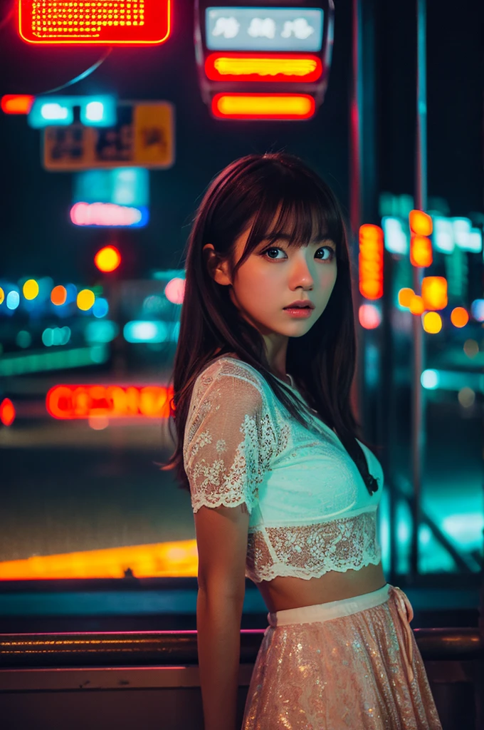 Portrait of a beautiful Japanese girl photographed against the backdrop of a city at night。She was wearing a thin white lace outfit.、I'm sitting by the window。Neon signs glow in the background、The hustle and bustle of the city is vaguely reflected。Her hair is a little damp、It's hanging down carelessly。The light reflects softly off her skin、It creates a fantastic atmosphere throughout。Take a portrait-style composition、Shallow depth of field used to blur the background、Focus on the subject。The photos are ultra-realistic live-action.、Attention to detail。
Characteristics of a beautiful girl、She has big eyes and a beautiful face、I look a little surprised。The costume is made of a transparent material.、The reflection of light gives it a beautiful shine.。Posing is natural、Sit with your knees hugged、Posing facing the camera。
The city night view in the background、It is decorated with colorful neon lights.、The red and orange signs are especially eye-catching.。A composition that conveys the hustle and bustle of the city、The light reflecting off the window glass adds a fantastic atmosphere.。A fog-like effect is applied to the whole image.、It creates a mysterious mood.。
As a photographic technique、Focus on the subject's face、Blurred background adds depth。Lighting is soft、Gives the subject's skin a natural sheen、The overall tone is unified with a warm tone.。Adjust the shutter speed and ISO sensitivity、While effectively incorporating the neon lights of the night view、The subject is clearly visible。
This work、It is a snapshot of a moment in modern urban life.、This piece combines the delicate expression of a beautiful girl with the glamorous background of the city.。Because it was shot in portrait mode、Good overall balance、It features a visually beautiful composition.。