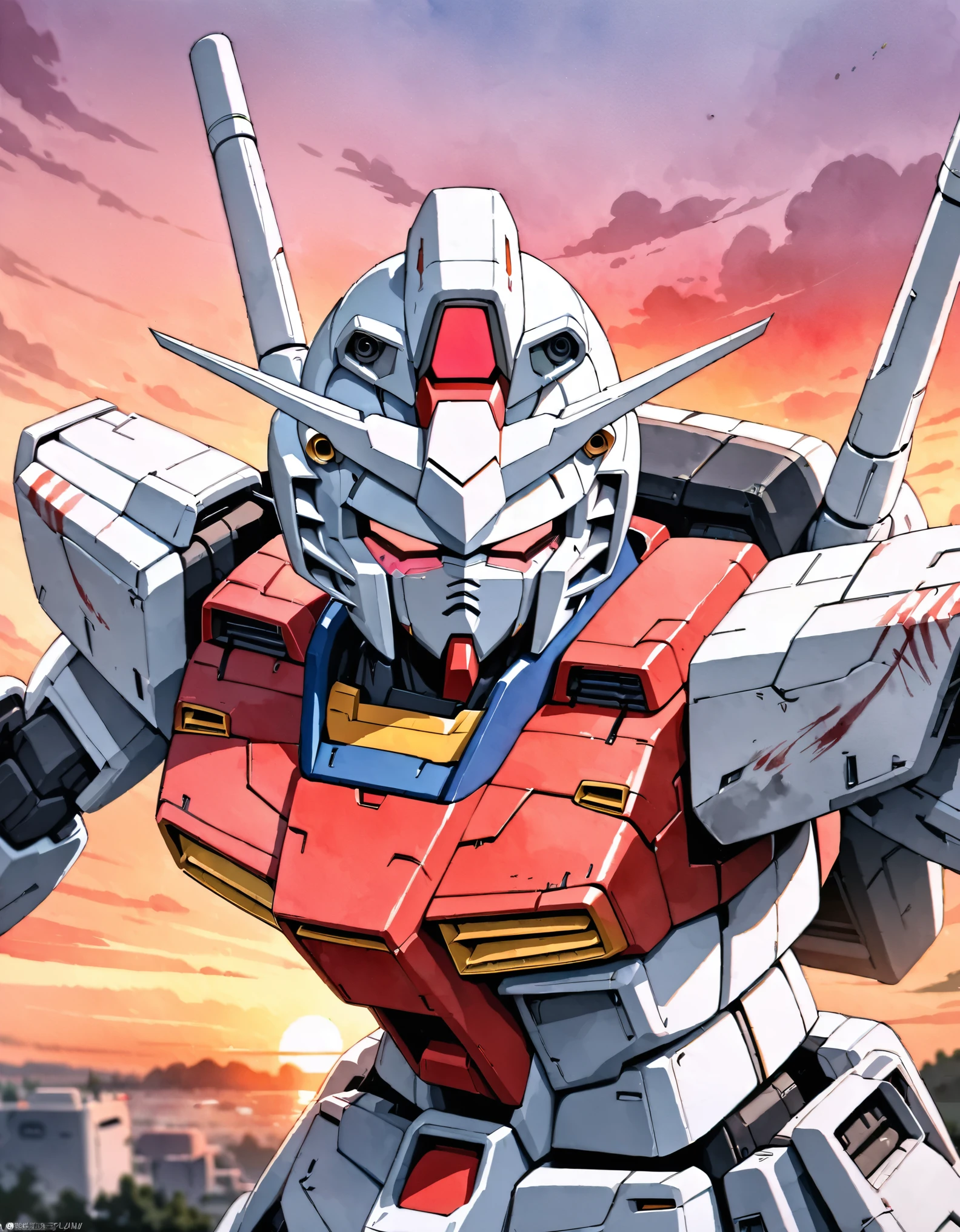 (masterpiece),(Highest quality),(Super detailed:1.2),(Ultra-high resolution),8k,(Best illustrations),(watercolor),(Anime Style),8k,Hard Edge,robot,機動戦士Gundam,Gundam,RX78-2,(((Twin Eye))),(watercolor画の飛沫、Oozing、Blurred、Blotting、Effective use of the fade technique),(Sunset),(Detailed face drawing)