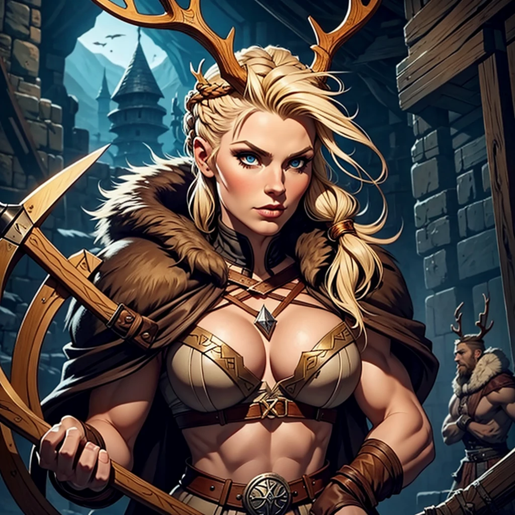 Viking female. Blonde braided faux hawk with antlers. Viking makeup. Holding two axes. Muscular build. Wearing furs & pelts. Dungeons & dragons character.