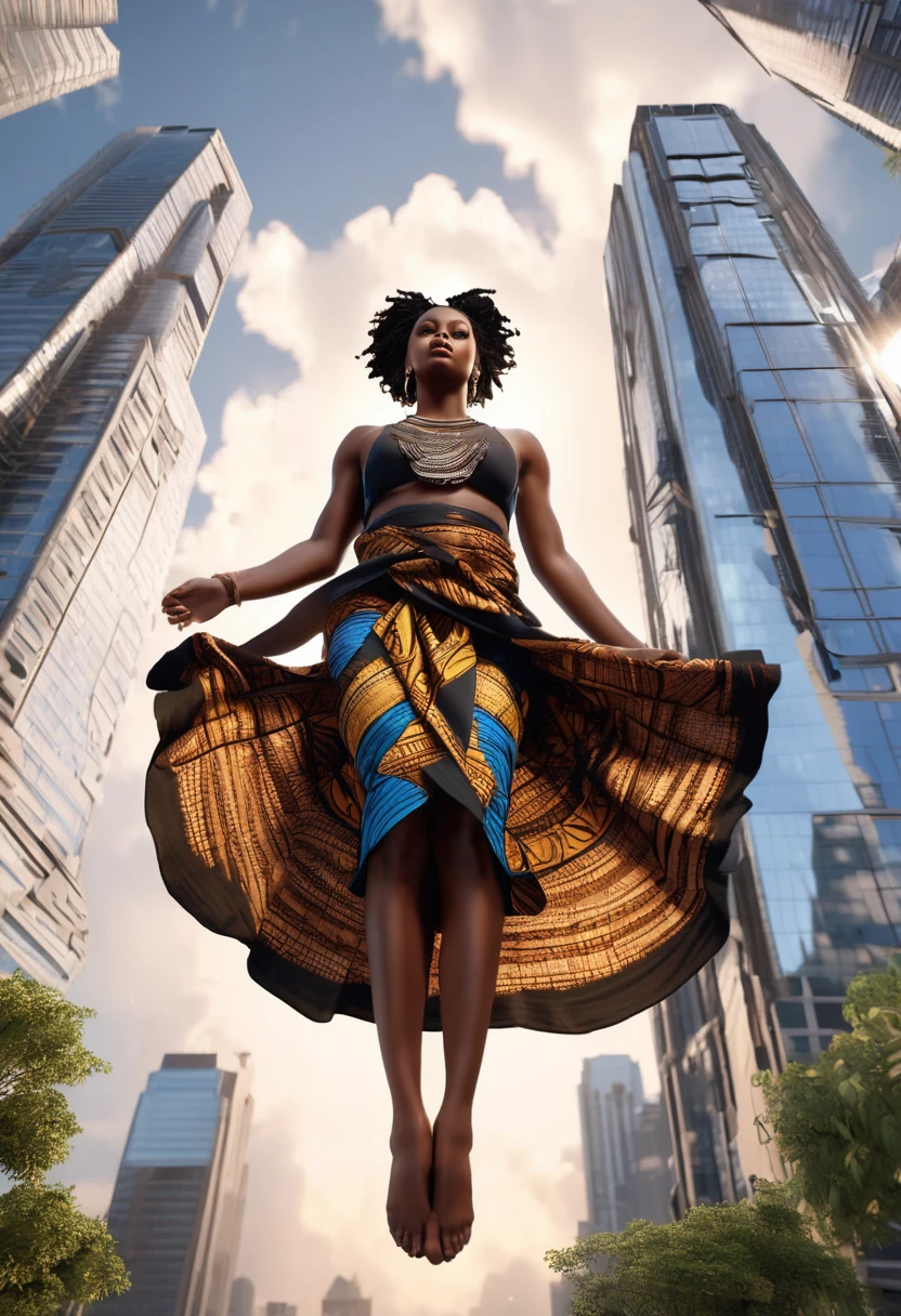 Extremely low angle shot of black woman in african clothes levitating above the sky scrapers, looking down at the viewer, we view her from the ground floor with leaves rotating like a tornado beneath her feet, very high detailed and clear image, 32k high definition and high resolution images, unreal engine 5 rendered. Hyper-realistic images with high detailed features providing a viewer with a clear high definition well created masterpiece of art..