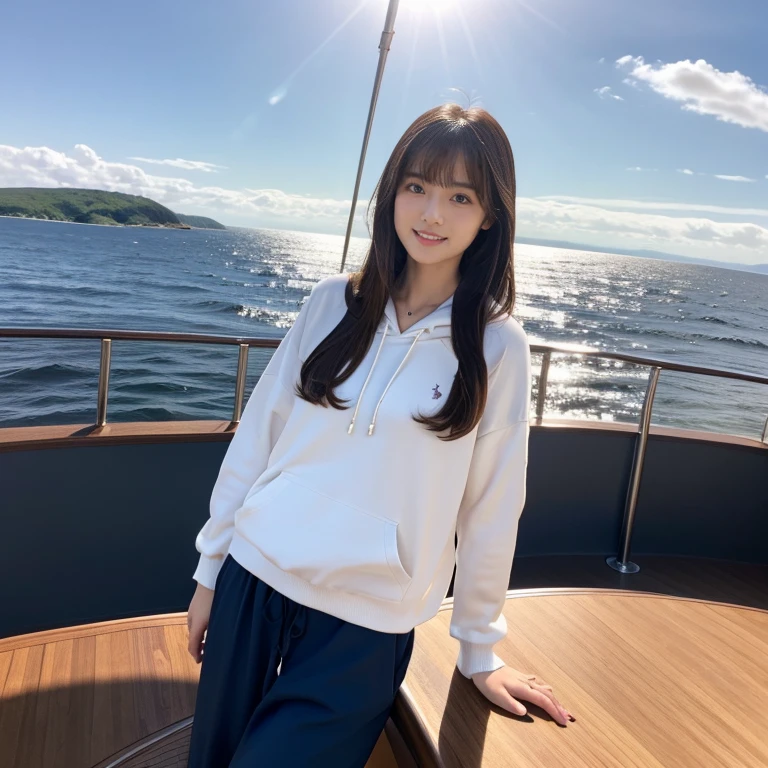 (Calm and gentle look:1.2), (Full Body Shot:1.3), (panorama:1.8), Cinema Lighting, ((Highest quality)), (RAW Photos, Highest quality), ( Realistic:1.4), realism, masterpiece, Very delicate and beautiful, Very detailed, 4K wallpaper, wonderful, finely, Very detailed CG unity 8k wallpaper, Very detailed, High resolution, Soft Light, Japanese, (one shot:1.9), (22 years old:1.6), (Round face:1.2), (Fat:0.8), (A neat and clean woman:1.5), Beautiful detailed woman,Famous Japanese actresses, Detailed face, finelyて美しい目, Very detailedな目と顔, Beautiful eyes and a beautifully detailed nose, Ultra HD glossy lips, (Straight Hair:1.4), Shiny Hair, Shiny Hair, Brown Hair, (bangs:1.4), Long, slender legs, Toned body, (Smiling:1.4), Natural Makeup, (Ralph Lauren, white, hoodie:1.3), (Ralph Lauren, dark blue, Marine pants:1.5), Accentuate your body lines, (Deck Shoes:1.2), (A model poses on the deck of a yacht offshore:1.4), (Deep blue midsummer sky, cumulonimbus, The ocean with a wide horizon:1.3), (Strong winds are making my hair flutter:1.6),
