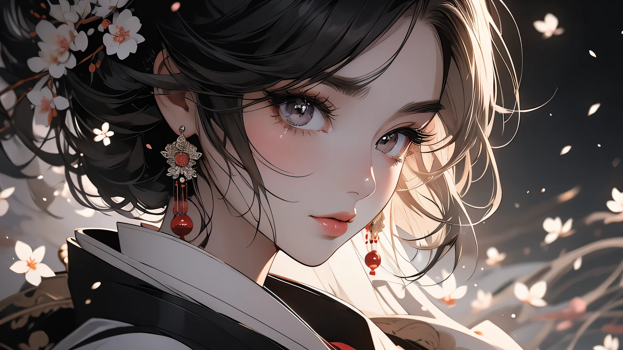 beautiful geisha girl, sakura blossoms, fujii mountain, moonlight, white and black blood color palette, sumi-e ink effects, detailed face, detailed eyes, detailed lips, long eyelashes, detailed ornaments, elegant kimono, graceful pose, cinematic lighting, highly detailed, 4k, photorealistic, masterpiece, красивые выразительные глаза