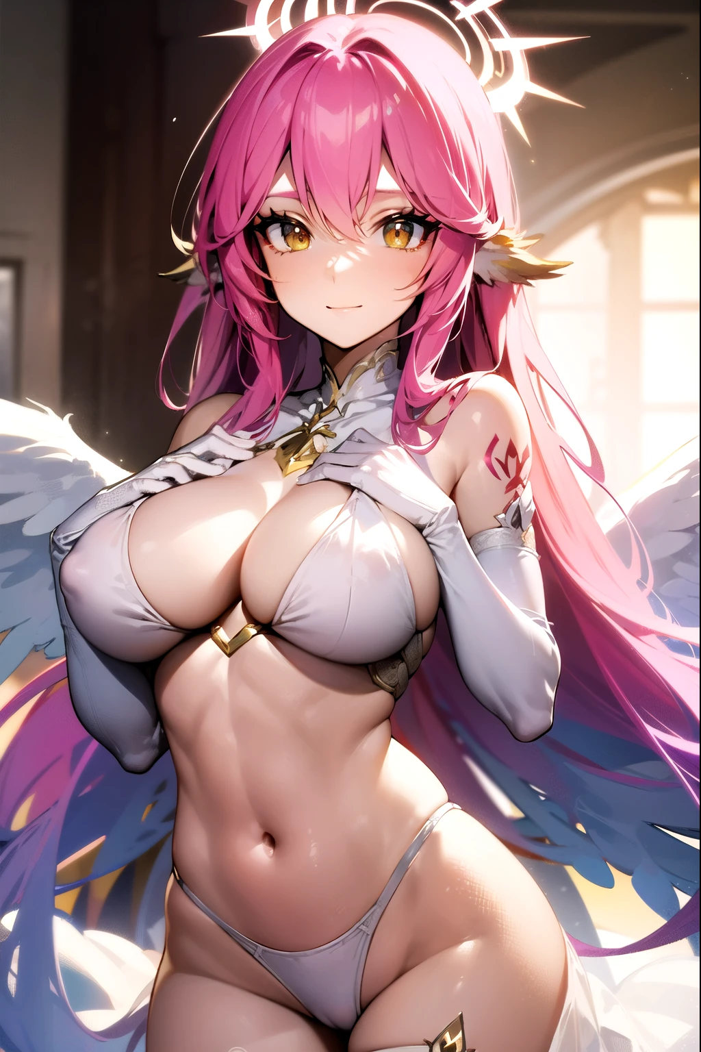 jibril, BREAK jibril, angel, angel wings, animal ears, bird ears, compass rose halo, feathered wings, feathers, gradient hair, halo, long hair, low wings, multicolored hair, navel, pink hair, symbol-shaped pupils, tattoo, chest tattoo, white wings, wing ears, wings, (yellow eyes:1.5), seductive look, seductive smile, smug, Shiny skin, big breast, sexy. Cleavage. Wedding dress.
BREAK thighhighs, long gloves. White dress. Fully clothed.
BREAK (masterpiece:1.2), best quality, high resolution, unity 8k wallpaper, (illustration:0.8), (beautiful detailed eyes:1.6), extremely detailed face, perfect lighting, extremely detailed CG, (perfect hands, perfect anatomy), narrow eyes.