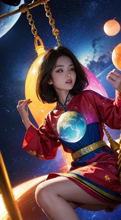 Beautiful asian woman, brunette, busty, colorfull outfit, on a swing set in outerspace, stars, bright galaxies, neon planet in the background, magic and bliss, perfect face, ultra realistic