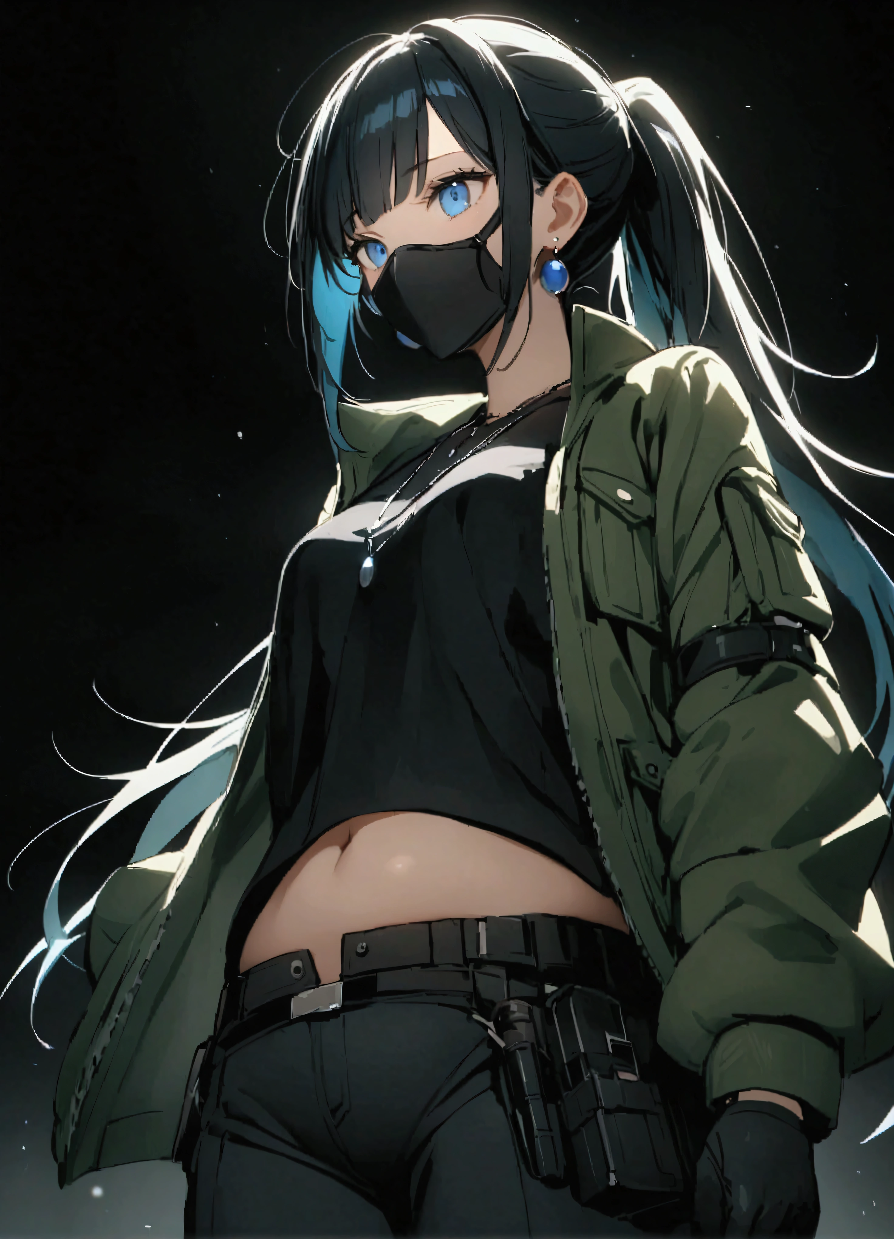 score_9、score_8_up、score_7_up、4 times、akali、solo、Black Hair、Multicolored Hair、jewelry、belly button、bangs、ponytail、Two-tone hair、Long Hair、One girl、Staring at the audience、Earrings、necklace、blue eyes、Black trousers、zPDXL、、dark_techwear、(mask)、Black background、Cowboy Shots、、amour1、particle、(黒いmask)、Long sleeve、Black gloves、Black Shirt、(Jacket)、holster、