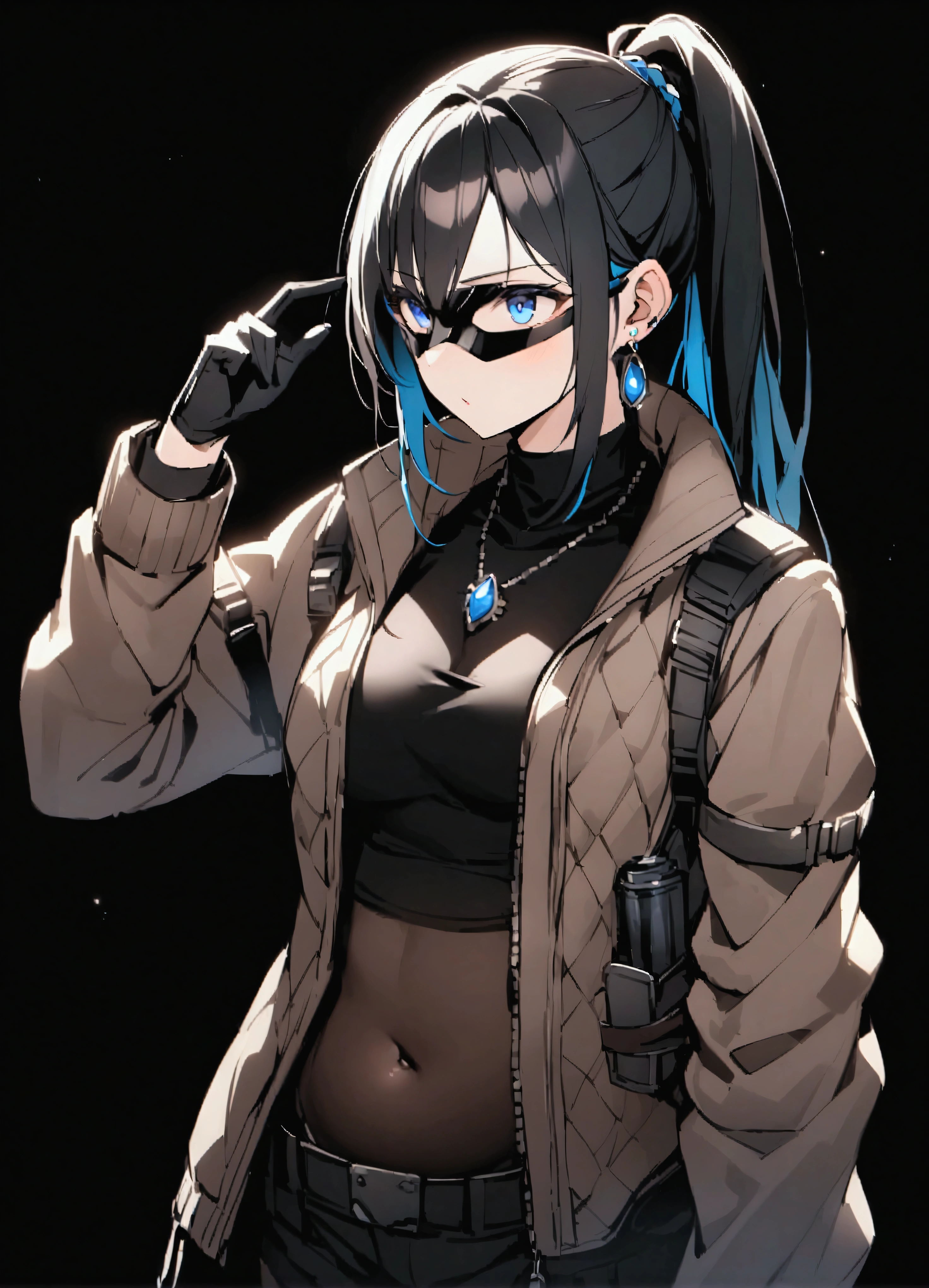 score_9、score_8_up、score_7_up、4 times、akali、solo、Black Hair、Multicolored Hair、jewelry、belly button、bangs、ponytail、Two-tone hair、Long Hair、One girl、Staring at the audience、Earrings、necklace、blue eyes、Black trousers、zPDXL、、dark_techwear、(mask)、Black background、Cowboy Shots、、amour1、particle、(黒いmask)、Long sleeve、Black gloves、Black Shirt、(Jacket)、holster、