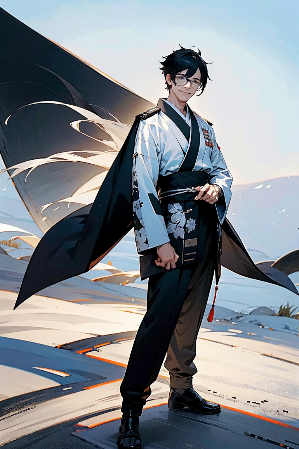 1male, man, black hair, white hair, grey eyes, calm expression, smiling, black aviators, black yukata and white accents, japanese battlefield background, hands to side, detailed face, standing on path, detailed background