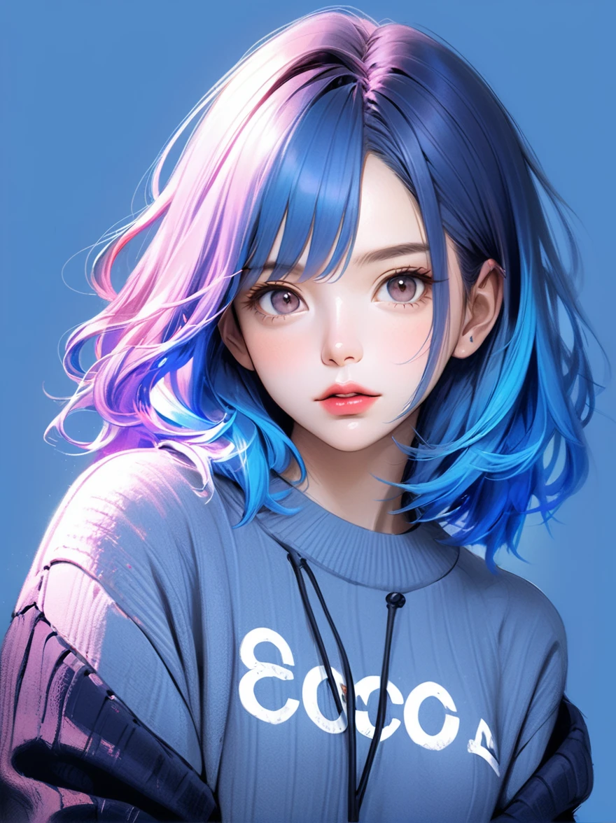 Illustrator, anime , Realistic ,sketch , One girl, ,lip, sweater,order, Blue gradient background, Neon Hair,textured crop, Canadian, (masterpiece,Highest quality)、music