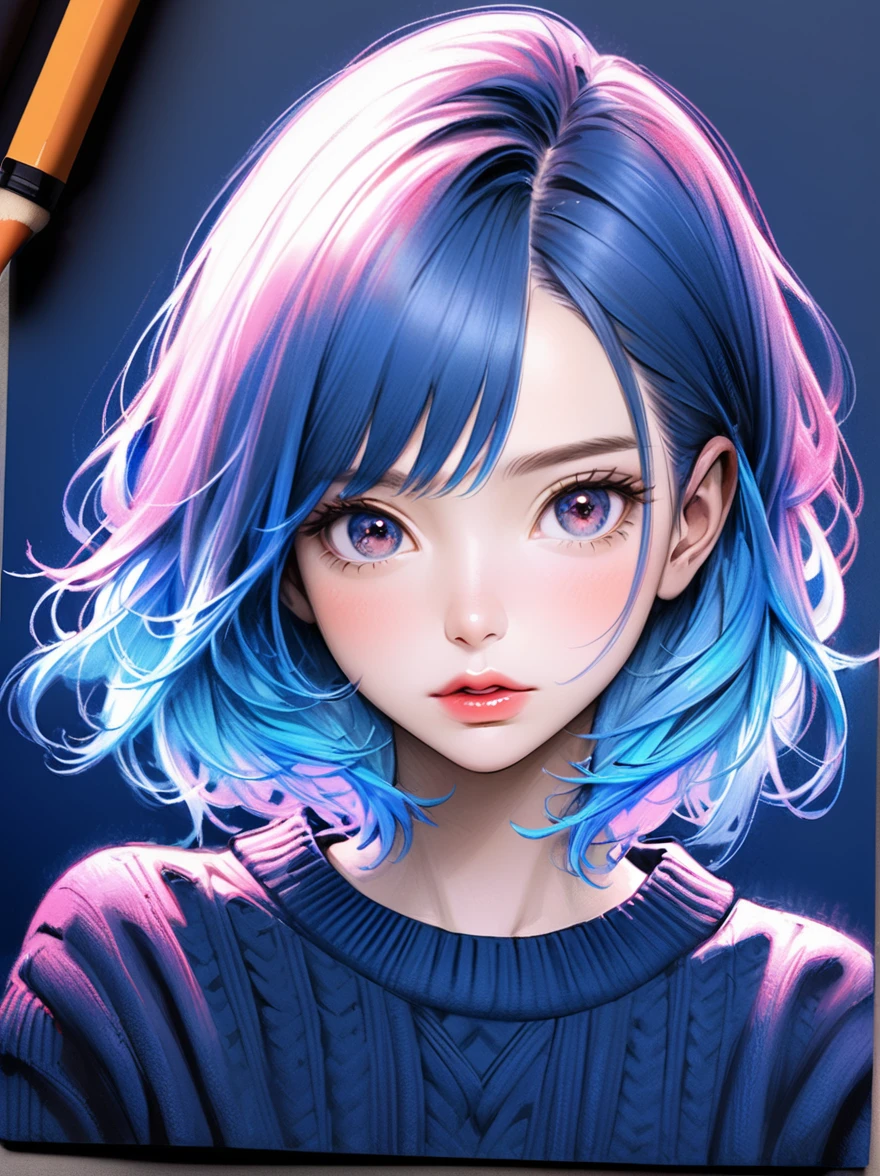 Illustrator, anime , Realistic ,sketch , One girl, ,lip, sweater,order, Blue gradient background, Neon Hair,textured crop, Canadian, (masterpiece,Highest quality)、music