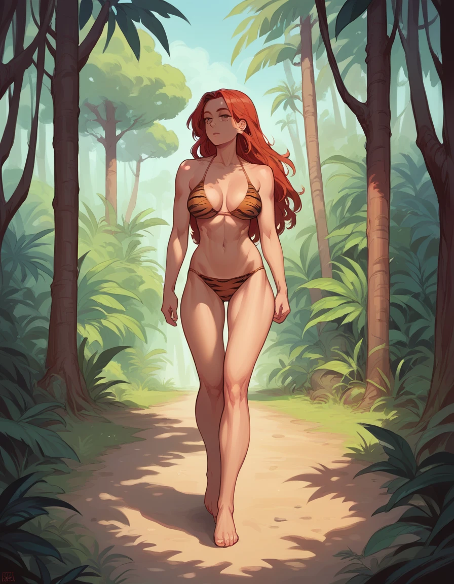 ((1girl, there's a tiger in a tree )), ((girl is nude,18 yo, (redhead long hair), perfect body)), (girl is dressed with an animal-print bikini, walking ), (background jungle ) (left view, full body)