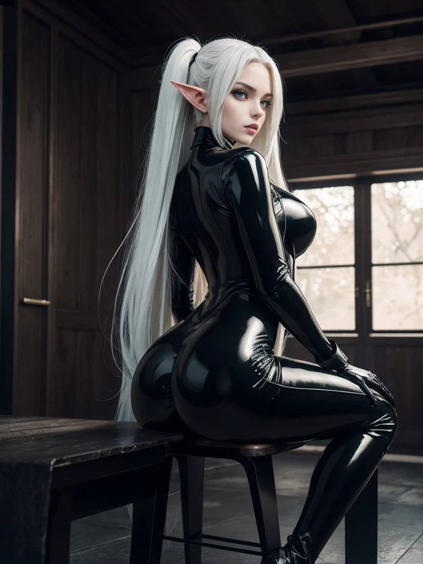super fine photo, portrait Unreal Engine 5 8K UHD of malicious beautiful girl, sexy, elf, long White hair, Green eyes, crouching in a skin, tight black latex outfit, the whole body is covered with black latex, slick black catsuit, black iconic character, smooth black skin, black body, PVC, some black, latex suit, rubber suit, collar, rubber glove, rubber high boots, arm and leg cuffs, straps, best quality, masterpiece, official art, unified 8k wallpaper, super detailed, sharp focus, Full length, legs open, her back, erotically Sits backwards on a chair, body parts, no extra limbs, precisely anatomy