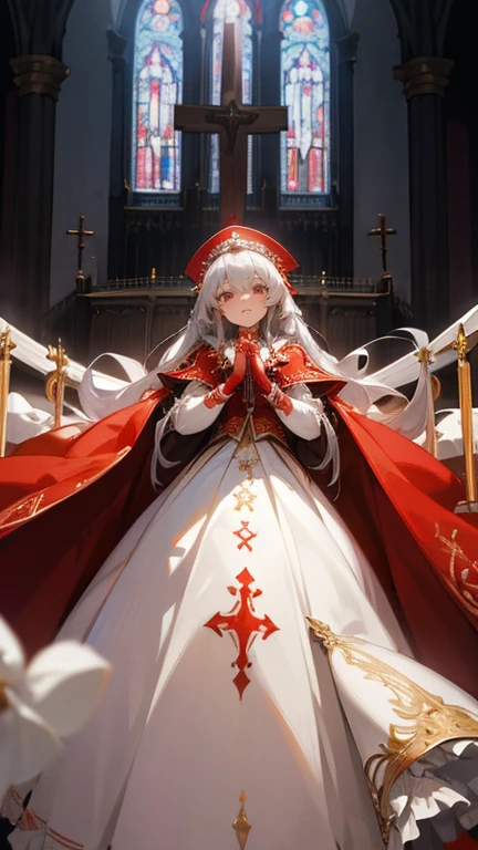 In front of the altar of a majestic church、girl with long silver hair, white ballgown, red ribbon, ceremonial robes, mass vestments, long white embroidered gloves, enormous puffy sleeves, long cuffs with many buttons, golden embroidery, cross details, Long Train, lots of frills and lace, red cape, 5 fingers, casting magic,