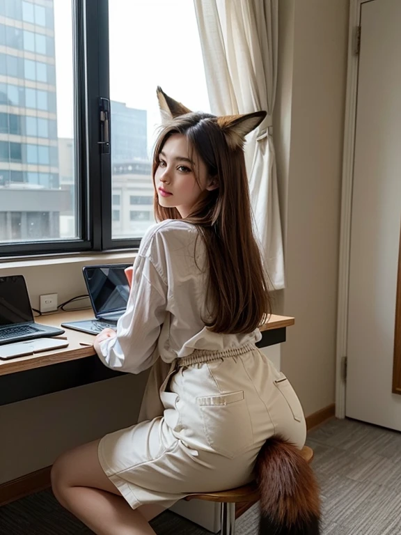 ((Highest quality, 32K)), ((masterpiece)), (Familiar), Perfect Face, Fox Girl, pretty girl, Company Office, Has a tail, She has a fox's tail, She stands up her fluffy tail, Beautiful hip line, Thick thighs, Fur collar, A large tail sticks out, On all fours, Shyly staring at his tail, She only has one tail