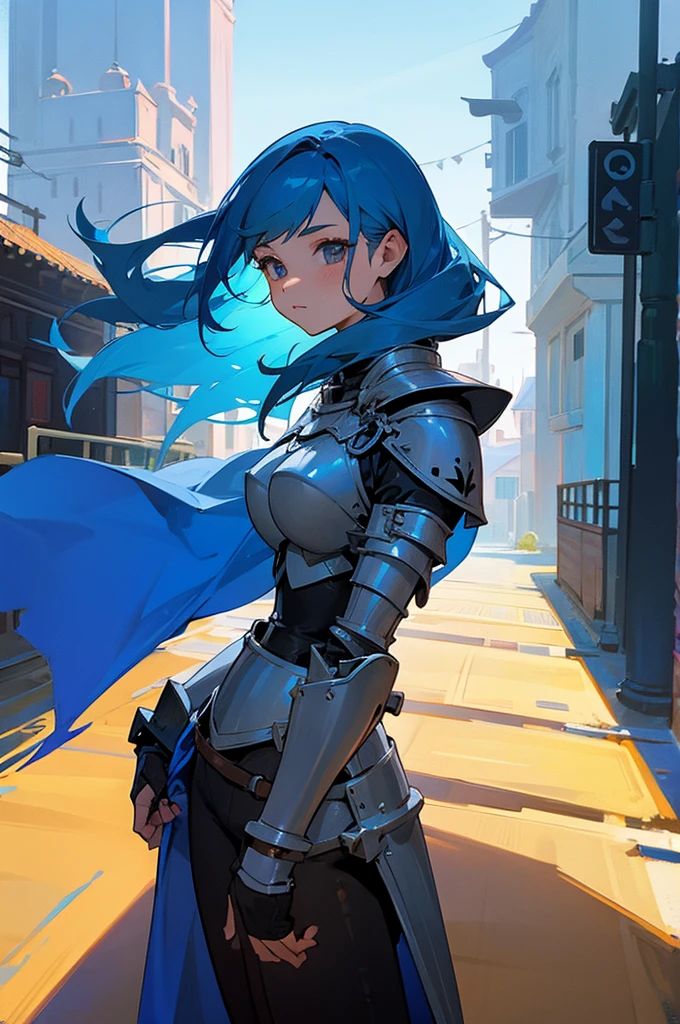 Female ,Young adult, Blue Hair, Town Background, Knight