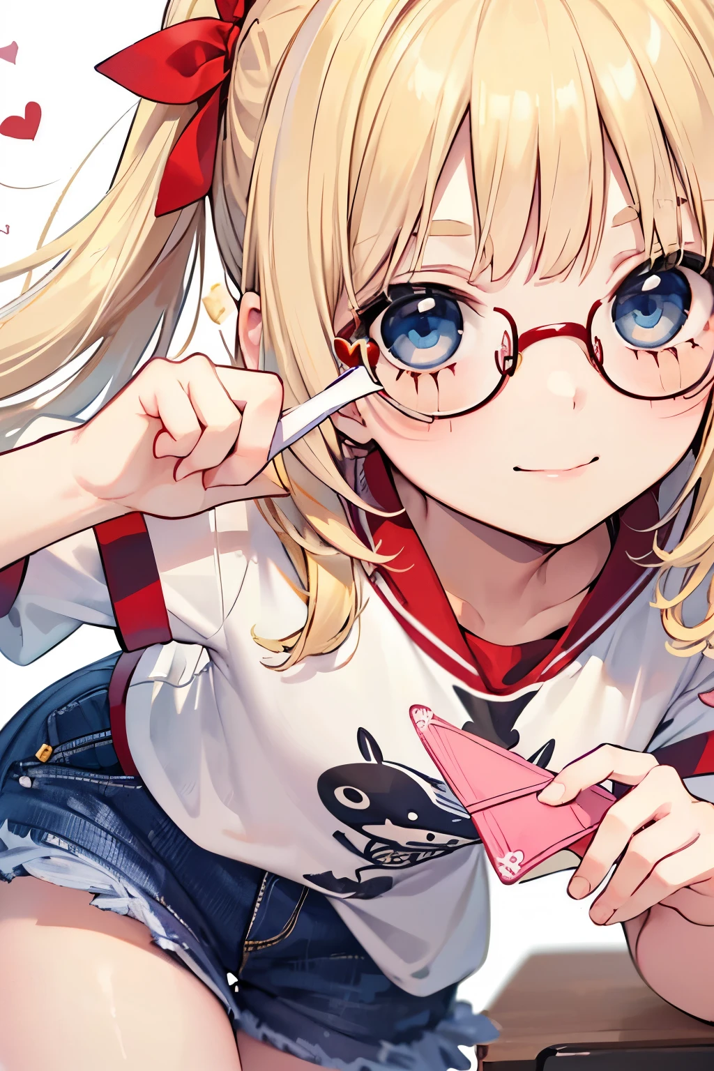 LightBlue Eyes, Very short stature, Very thin thighs,7 years old,Summer clothes, highest quality,(((Blonde girl))),(Cute pose),(red cheek),((Cute voice)),Glasses, Shy Kagami Mochi、shrine,Bruises and gestures,(Close-up of face:1.1),(Nihilistic smile:1.2),(Love Letter💌:1.2),(Confession scene:1.2).