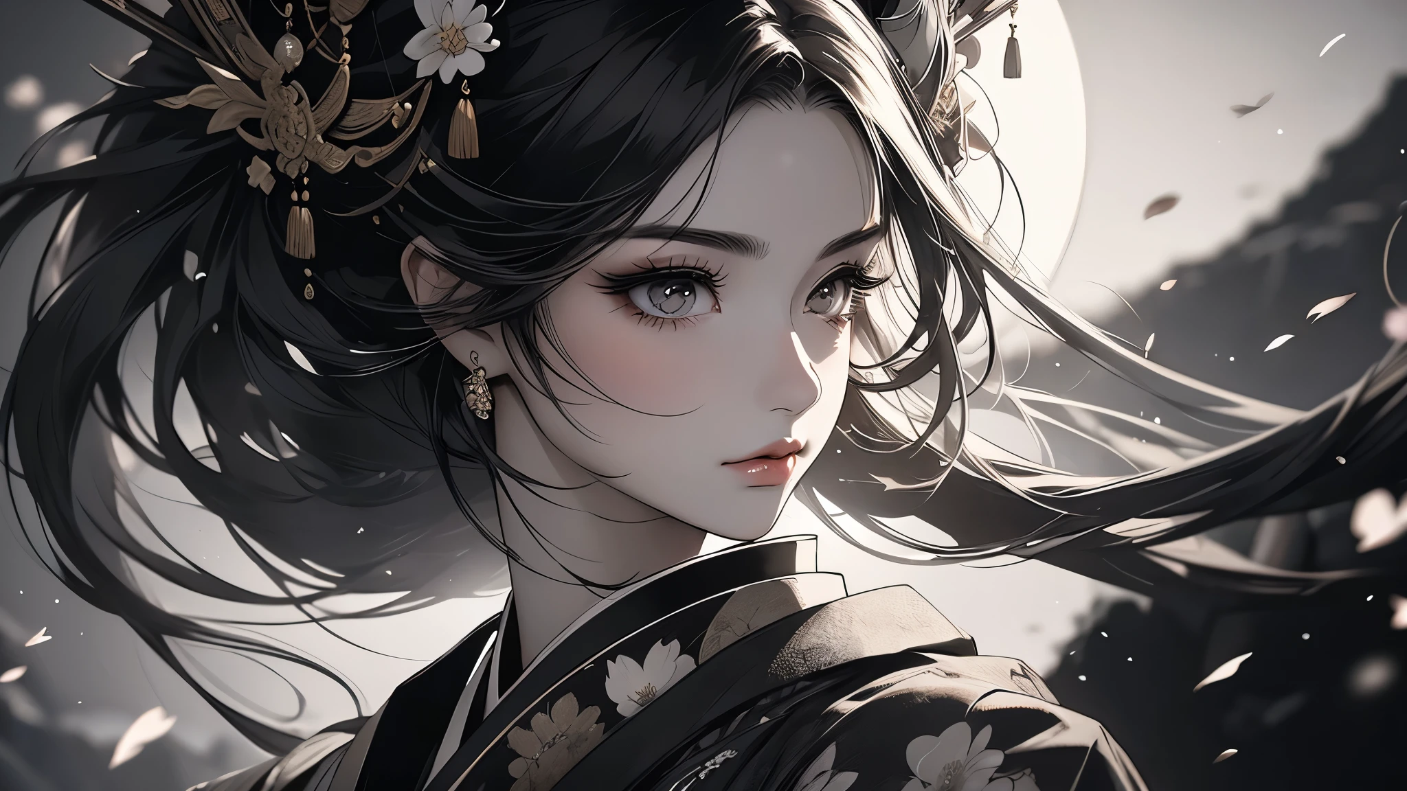 beautiful geisha girl, sakura blossoms, fujii mountain, moonlight, white and black blood color palette, sumi-e ink effects, detailed face, detailed eyes, detailed lips, long eyelashes, detailed ornaments, elegant kimono, graceful pose, cinematic lighting, highly detailed, 4k, photorealistic, masterpiece, красивые выразительные глаза