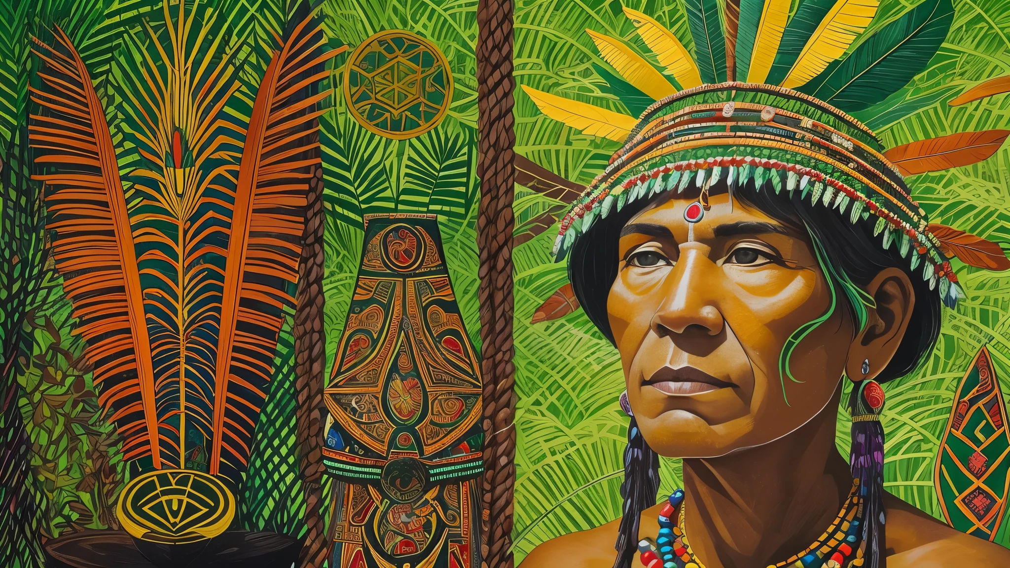 The oil painting depicts a shaman from the Amazon, Immersed in vibrant colors and loose brush strokes by David Hockney. approximately 60 years old, The Shaman Long Ago, gray hair that contrasts with her brown skin, reddened by the sun. Her face displays wrinkles that tell the story of her wisdom and life experience. The shaman's brown eyes are expressive, transmitting calm and serenity to the observer.
The highlight of the composition falls on the shaman's headdress, Composed of multi-core feathers, that catch the eye immediately. Adorning your neck and ears, necklaces and earrings are made from seeds, shells and animal teeth, symbolizing your connection to nature and your ancestors.
The shaman's face is painted with genipap and annatto, Forming Geometric Shapes in Black and Red, Marking Your Identity and Your Position as a Shaman. in her hands, Hold a maraca, An instrument used to communicate with spirits during their healing rituals. A necklace with a green stone adorns her chest, radiating brilliance and symbolizing your source of energy and knowledge.
The background of the painting depicts the lush Amazon rainforest, with trees, plants and animals represented in shades of green, brown and yellow. Sunlight creates a play of shadows and reflections between the leaves, Adding depth and motion to the scene. This image is a reverence for indigenous culture and its harmony with the environment, A celebration of the deep connection between the shaman and the forest that surrounds him.