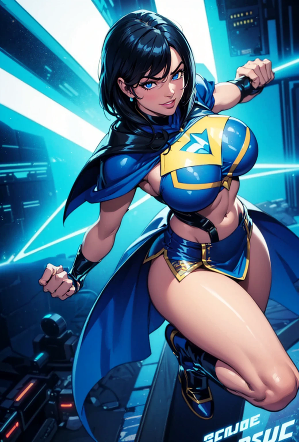 Digital painting of a woman with royal blue and black hair, Superhero, Muscle Girl, Pause, Raise your fist, From above, 1 Raise your knees, Behance Contest Winner, Afrofuturism, Synthwave, neon, glowing neon, Huge saggy breasts,cape,highschool skirt,cute smile,