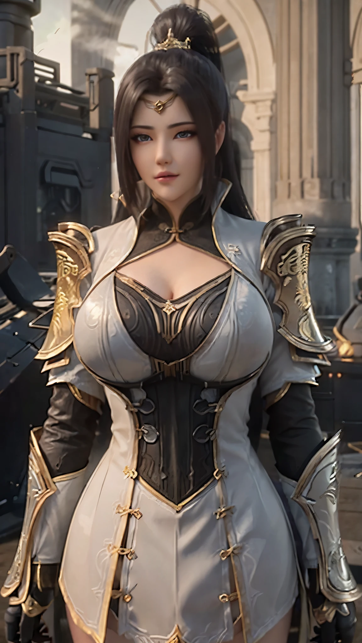 TEKKEN_REINA, CLOSE UP UPPER BODY,SOLO, COWBOY SHOT, ((EVIL DRAGON HELM,WHITE HIGHT PONYTAIL HAIR)), (GIGANTIC FAKE BREASTS,CLEAVAGE TOP,11 LINE ABS:1.5), ((WEARING OUTFIT WARRIOR TRADITIONAL CHINESE GODDESS FULL ARMORED,BREASTPLATE ARMOR:1.5)), (MUSCULAR BODY SHAPE:1.5), (CLEAN GLOSSY BODYSKIN:1.5), (LOOKING AT VIEWER:1.6), (BACKGROUND FUTURISTIC SPACE STATION:1), (PHOTOREALSITIC:1.4), (ULTRA-DETAILLIERT), (TOP-QUALITY), (BEST SHADOWS), BRIGHT LIGHT IN ROOM, HYPER TEXTURE, (4X MSAA), ((UNREAL ENGINE 5 RENDER)), (NEON), PHYSICALLY-BASED RENDERING, ULTRA HIGHT DEFINITION, 16K, 1080P.