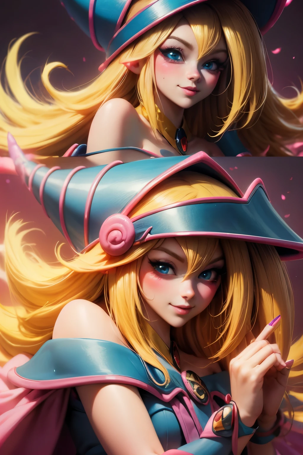 Beautiful face of dark wizard gils. Extra long eyelashes. blue eyes like crystal. brio in the eyes. pink lips. long blonde hair. exposed shoulders, angelic smile, beautiful well detailed face of the dark wizards gils. blowing a kiss. and winking. She is flirtatious with the viewer. Long and big eyelashes.