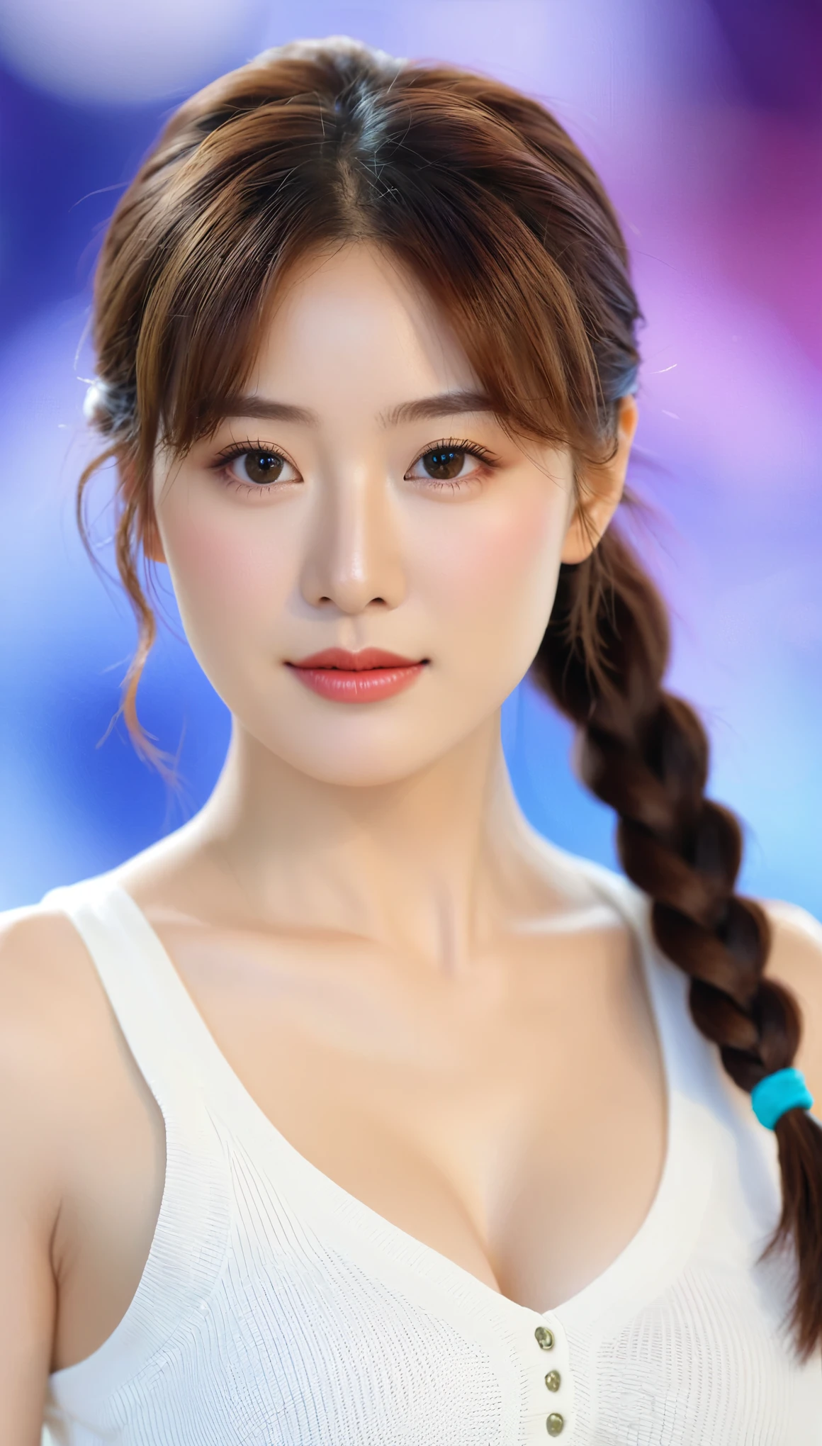 close-up of beautiful beautiful korean female, 34 inch breasts size, braided ponytail, wearing v-neck tank top, bokeh background,UHD
