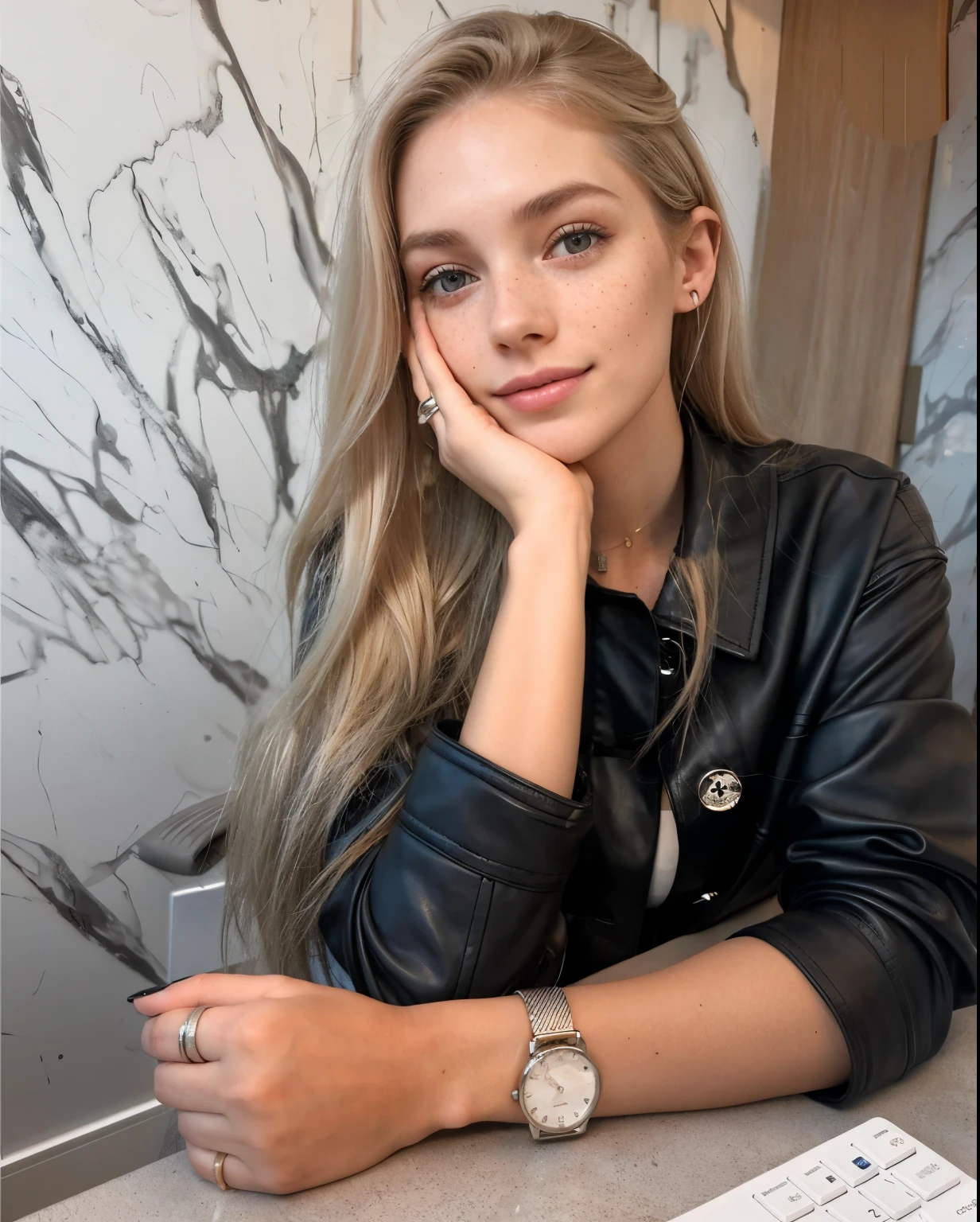 Woman, americana, age 25, pale skin and freckles, grey-eyed, delicate nose, soft and delicate lips, distant, cabelo blondie distant e ondulado na altura da cintura, Sweet smile, face with delicate feminine facial features, highly rendered, black leather pants
