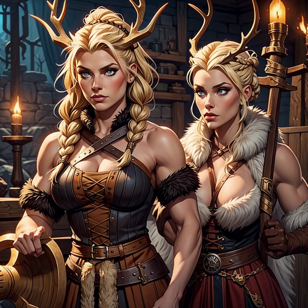 Viking female. Blonde braided faux hawk with antlers. Viking makeup. Holding two axes. Muscular build. Wearing furs & pelts. Dungeons & dragons character. 1 person.