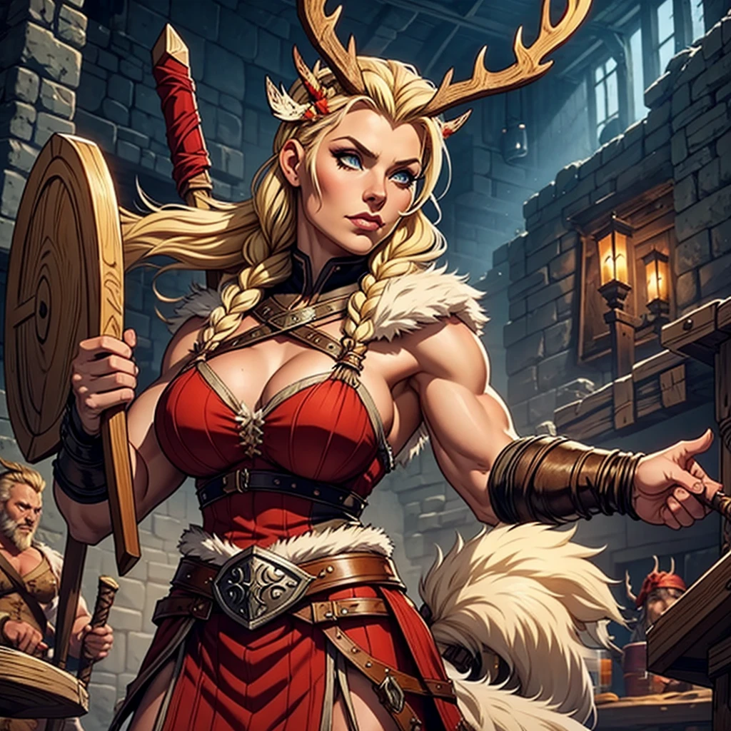Viking female. Blonde braided faux hawk with antlers. Viking makeup. Holding two axes. Muscular build. Wearing furs & pelts. Dungeons & dragons character. 1 person.