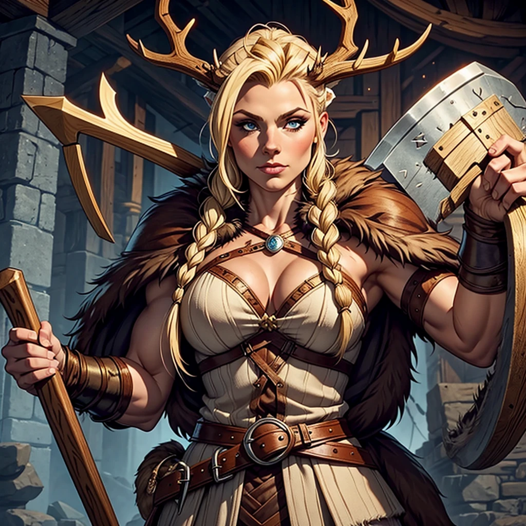 Viking female. Blonde braided faux hawk with antlers. Viking makeup. Holding two axes. Muscular build. Wearing furs & pelts. Dungeons & dragons character. 1 person.