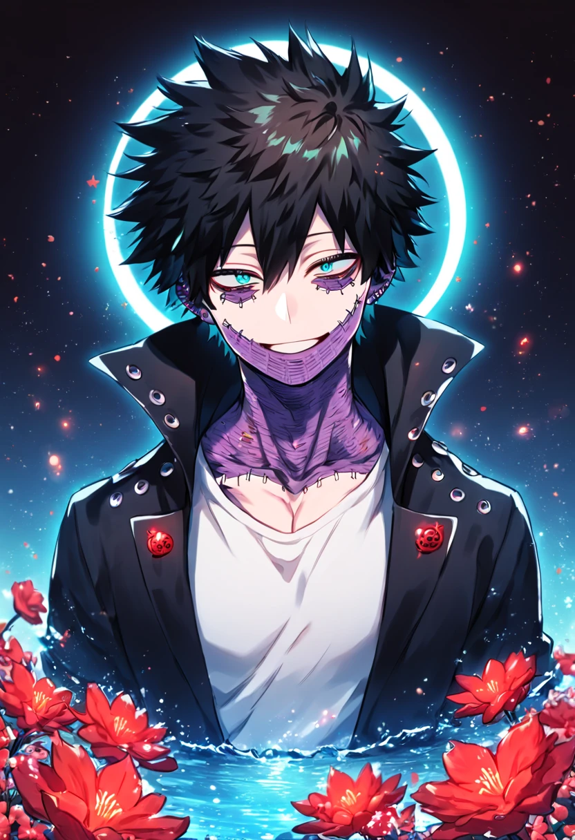 absurdres, highres, ultra detailed, HDR, master piece, Dabi, black hair, expressive turquoise eyes, black coat with high collar, white shirt, Boku No Hero Academia, sexy man, handsome, best quality, red glittering crescent moon, red flowers, fantasy, magical, solo, water, red shining fireflies, red petals, sensual, handsome smile, 